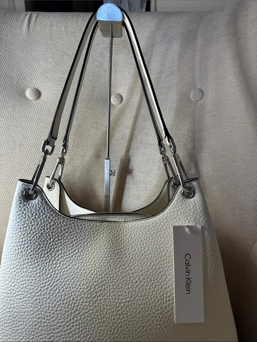 Calvin Klein Ivory Pebbled Leather Shoulder Tote